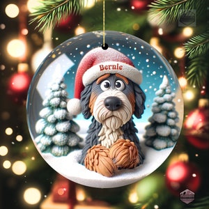 Cute clay style bernedoodle looking worried that Santa isn't coming.  Personalized bernedoodle ornament.