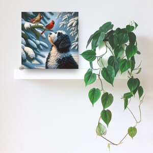 Bernedoodle canvas art, cardinal bird print, mid-west woods decor, dog and nature wall art, cotton canvas print, indoor vibrant artwork, 100% cotton art, detailed animal canvas, large wall canvas, pet lover gift, nature-inspired decor. Superbowl gift
