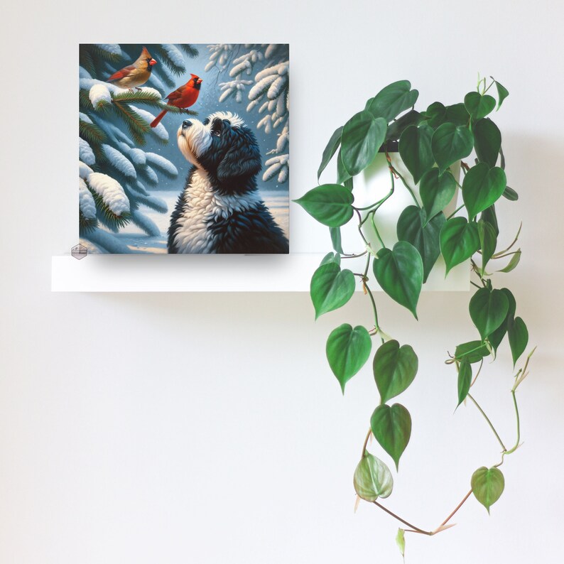 Bernedoodle canvas art, cardinal bird print, mid-west woods decor, dog and nature wall art, cotton canvas print, indoor vibrant artwork, 100% cotton art, detailed animal canvas, large wall canvas, pet lover gift, nature-inspired decor. Superbowl gift