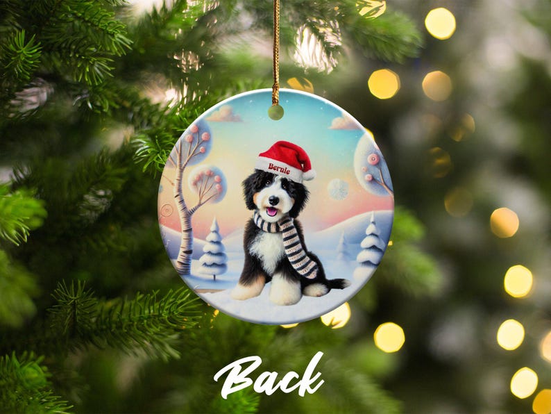 Bernedoodle Ornament, Personalized Ceramic Keepsake | Sublimation Christmas Tree Charm | Dog Lover Gift Gold String imagen 5