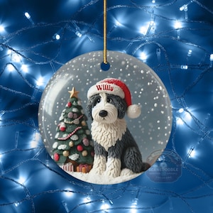 Personalized Sheepadoodle Christmas Ornament, Snow Globe Art Dog Keepsake | Two-Sided Ceramic 3 Inch | Doodle Mom Gift image 6