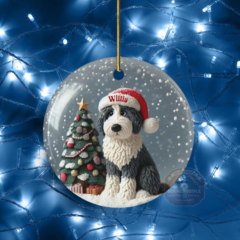 Personalized Sheepadoodle Christmas Ornament, Snow Globe Art Dog Keepsake | Two-Sided Ceramic 3 Inch | Doodle Mom Gift image 6