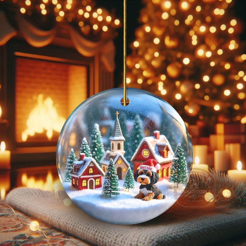 Snow globe style design personalized ceramic bernedoodle ornament with a warm backdrop Christmas dog ornament with festive winter scene.  Great gift idea for doodle moms and doodle dog lovers!