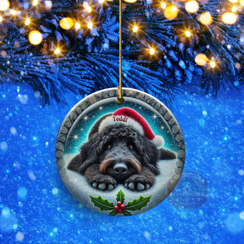 Black goldendoodle ceramic ornament with two sided design.  Black golden doodle , black bernedoodle dog decor.