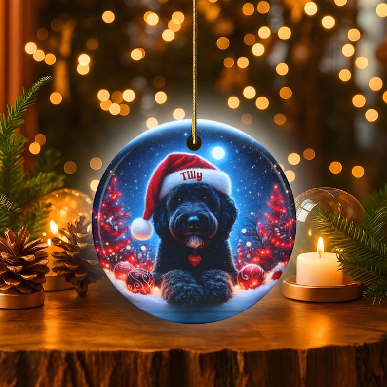 This festive ornament features an adorable black doodle wearing a Santa hat, surrounded by soft glowing holiday lights and rich red Christmas tones. The warm lighting highlights the dog’s fluffy black fur, giving the design a bright, cheerful look that stands out on any tree. A perfect personalized keepsake for anyone who loves black doodles and joyful holiday décor.
