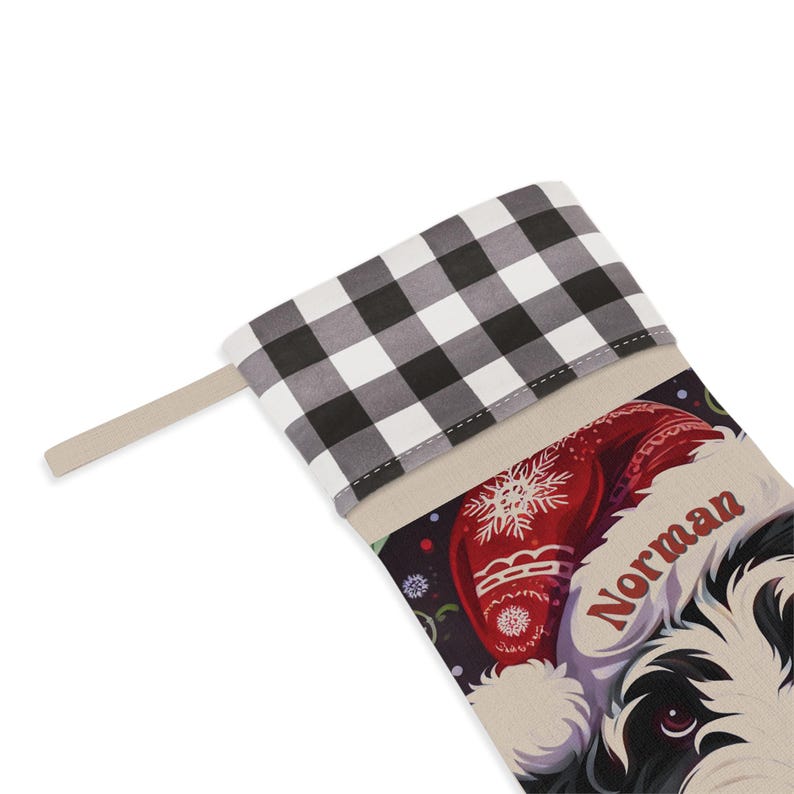 Personalized Bernedoodle Christmas Stocking, Custom Dog Name Santa Hat | Plaid Cuff Pet Stocking | Doodle Mom Gift Bild 11