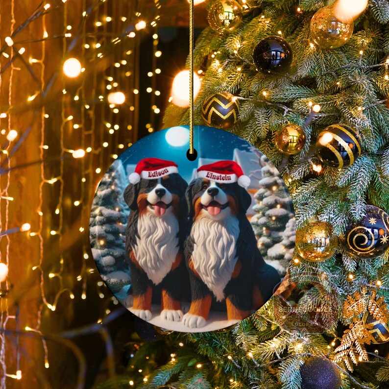 Op de afbeelding: Een ronde kerstversiering met twee Berner Sennenhonden met kerstmutsen. De honden heten "Edison" en "Einstein" op hun mutsen. De versiering hangt voor een versierde kerstboom met gouden en zwarte ballen.