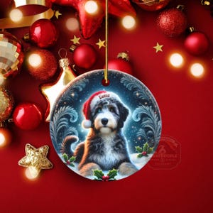 Merle Bernedoodle, Personalized Santa Hat Ornament | Sublimation Ceramic | Custom Dog Lover Gift image 3