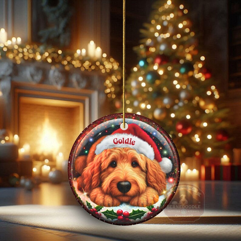 Ceramic golden doodle goldendoodle doodle dog ornament with impressive snow globe style design on both sides.  Excellent doodle mom gift.  Goldendoodle holiday heirloom gift and Christmas Tree Ornament!