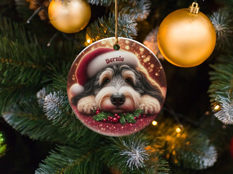 Tri Fade Bernedoodle Ornament, Custom Pet Keepsake | Sublimation Ceramic | 3 Inch Round Holiday Tree Decor image 3