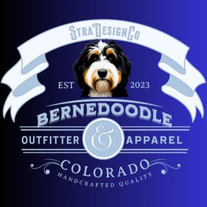 May include: A logo design featuring a Bernedoodle dog illustration. The design includes the text "Stra Design Co," "Est 2023," "Bernedoodle Outfitter & Apparel," and "Colorado Handcrafted Quality" on a blue gradient background.