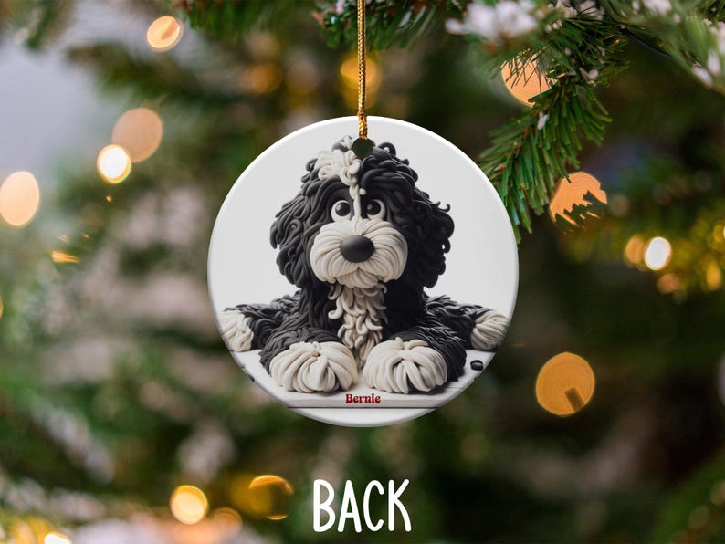 Bernedoodle Ornament, Dog Lover Gift | Sublimation Ceramic | Two-Sided Keepsake, Black White Illustration image 6