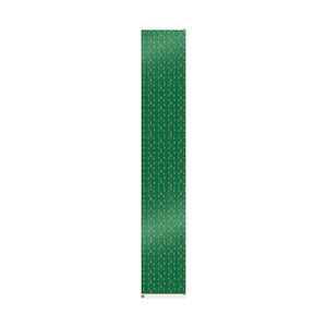 May include: A long, rectangular green table runner with a repeating pattern of small Christmas trees. The trees are in shades of brown, white, and red. The runner is made of a smooth fabric and is displayed against a white background.