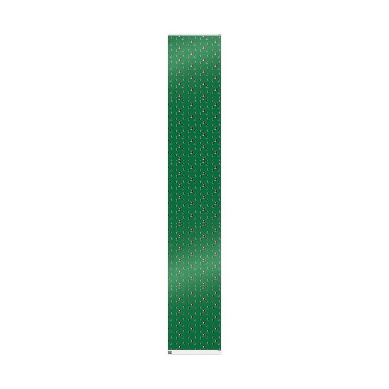 May include: A long, rectangular green table runner with a repeating pattern of small Christmas trees. The trees are in shades of brown, white, and red. The runner is made of a smooth fabric and is displayed against a white background.