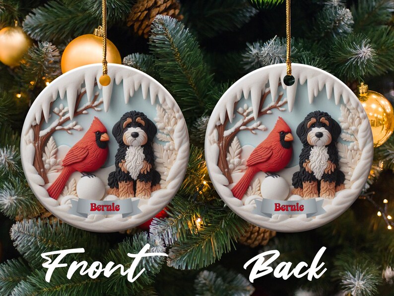 Bernedoodle och kardinalprydnad, vinterscen, present till husdjursälskare bild 3