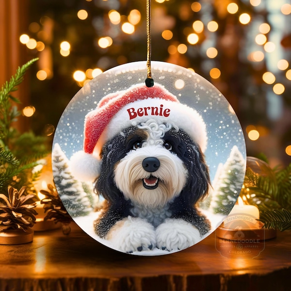 Bernedoodle Ornament, Personalized Santa Hat Ceramic | Sublimation | 3 Inch Double Sided Dog Lover Gift Christmas Tree Decor