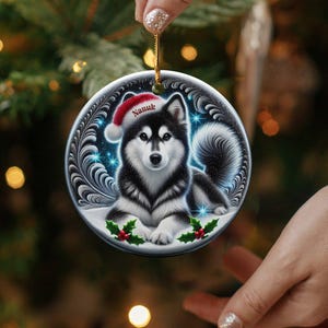 Black Husky Keepsake, Personalized Santa Hat Ornament | Sublimation Ceramic | 3 Inch Glossy Holiday Decor image 8