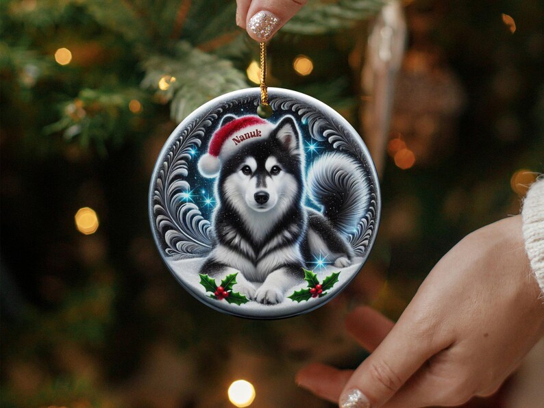 Black Husky Keepsake, Personalized Santa Hat Ornament | Sublimation Ceramic | 3 Inch Glossy Holiday Decor image 8