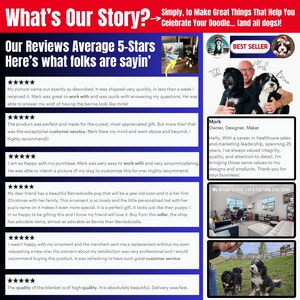 May include: A webpage featuring customer reviews and a seller's profile. The reviews highlight product quality and customer service. The seller, Mark, is described as a designer and maker. The page includes images of dogs and products.