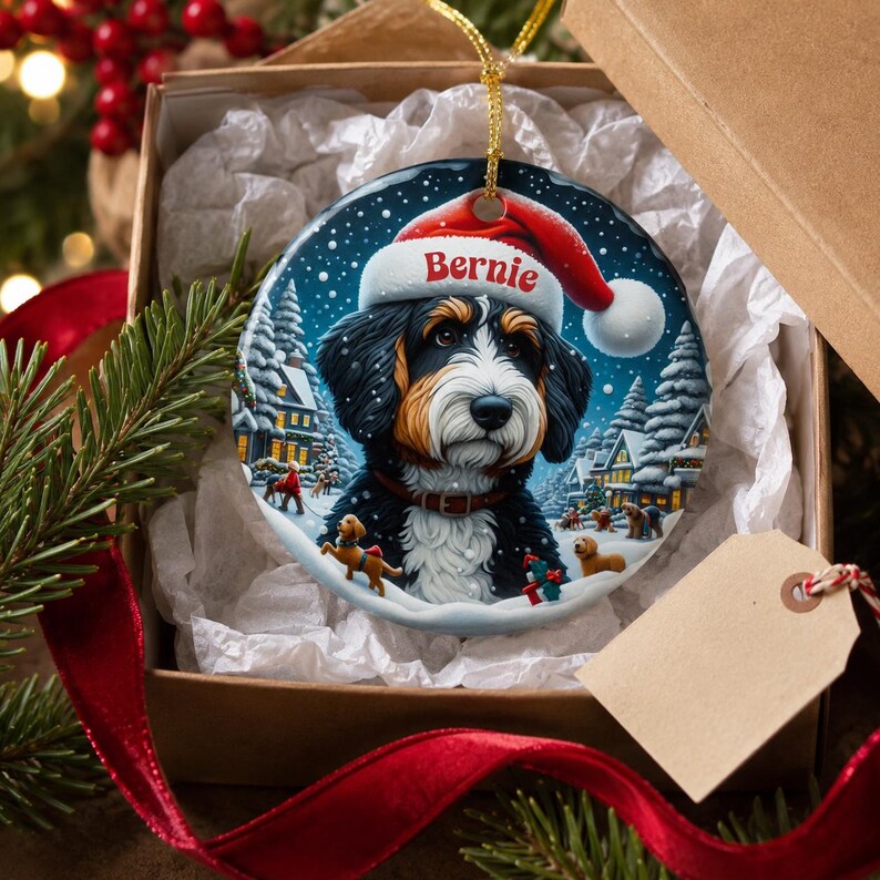 A Christmas ornament in a box, featuring a Bernese mountain dog wearing a Santa hat and surrounded by a snowy winter scene.
