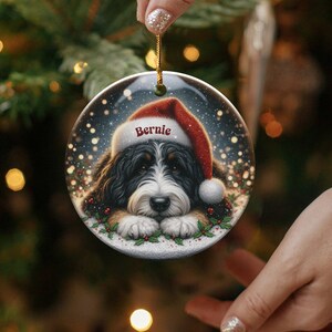 Custom Pet Ornament - Bernedoodle Santa Hat Pup, Two Sided Sublimation (3 Inch Round, Ceramic Keepsake) image 6