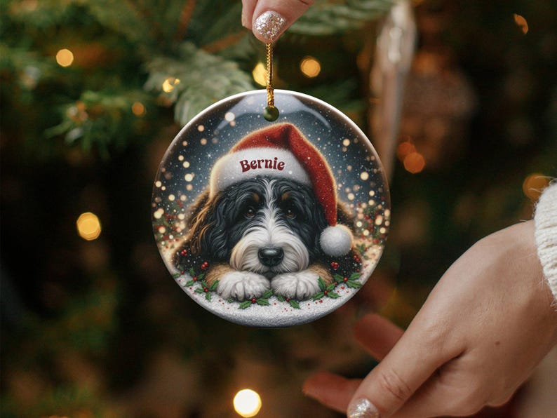 Custom Pet Ornament - Bernedoodle Santa Hat Pup, Two Sided Sublimation (3 Inch Round, Ceramic Keepsake) image 6