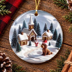 May include: A round ceramic Christmas ornament featuring a snowy village scene with a church, small houses, evergreen trees, a miniature Santa Claus, and a brown dog wearing a red Santa hat with the name Goldie printed on the brim.