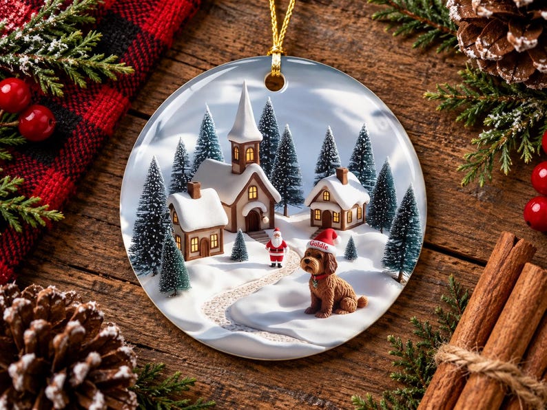 May include: A round ceramic Christmas ornament featuring a snowy village scene with a church, small houses, evergreen trees, a miniature Santa Claus, and a brown dog wearing a red Santa hat with the name Goldie printed on the brim.