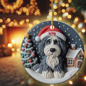 Christmas dog sheepadoodle ceramic ornament hanging on display in the Christmas living room!  Cute santa hat puppy decor, personalized pet ornament, holiday tree decoration, custom dog gift, festive pet decor.  Doodle lover Christmas decoration for Sheepadoodle Sheepa Doodle Moms!