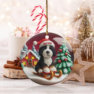 Custom Dog Ornament, Bernedoodle Sledding Keepsake | Sublimation Ceramic | 3 Inch Festive Decor, Santa Hat Doodle Gift image 2