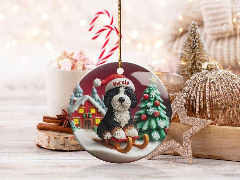 Custom Dog Ornament, Bernedoodle Sledding Keepsake | Sublimation Ceramic | 3 Inch Festive Decor, Santa Hat Doodle Gift image 2