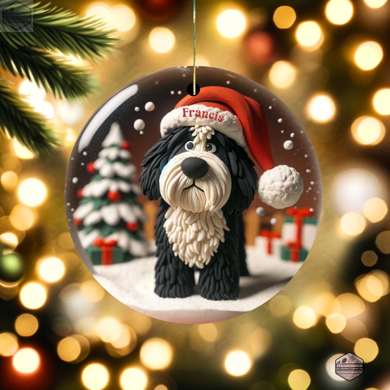 Cute Bernedoodle Ornament featuring a clay style ornament peering at the magic of Christmas.  Personalized Ornament and great gift for any doodle mom or doodle dad.