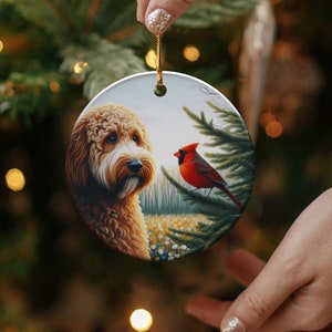 Cardinal and Doodle Dog Ceramic Ornament, Oil Paint Style Design, Cardinal Lovers Gift, Mothers Day, Bird Lovers, Custom Crafted Design Gift