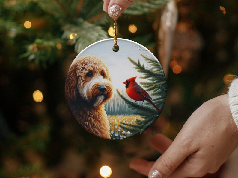 Cardinal and Doodle Dog Ceramic Ornament, Oil Paint Style Design, Cardinal Lovers Gift, Mothers Day, Bird Lovers, Custom Crafted Design Gift