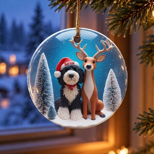 May include: A round, clear glass Christmas bauble featuring a black and white dog wearing a red Santa hat with the name Bernie printed on it, sitting next to a brown deer. The scene includes small pine trees against a blue background.