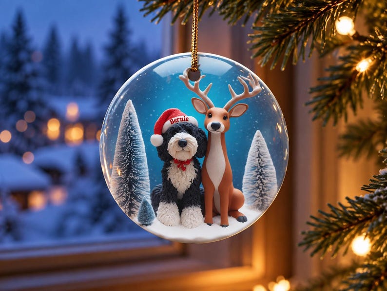 May include: A round, clear glass Christmas bauble featuring a black and white dog wearing a red Santa hat with the name Bernie printed on it, sitting next to a brown deer. The scene includes small pine trees against a blue background.