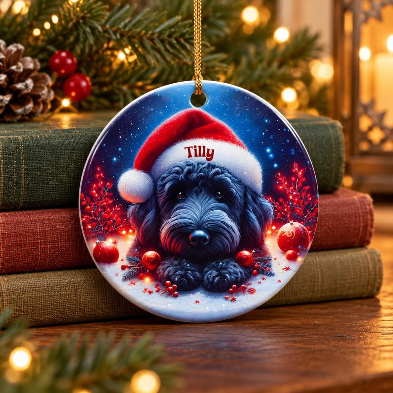 May include: A round ceramic Christmas ornament featuring a black dog wearing a red and white Santa hat. The name Tilly is printed in red on the hat brim. The background shows a snowy scene with red berries and glowing red ornaments.