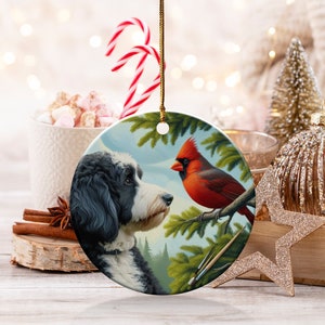 Cardinal and Bernedoodle Dog Ceramic Ornament, Oil Paint Style Design, Cardinal Lovers Gift, Mothers Day, Bird Lovers, Custom Crafted Design