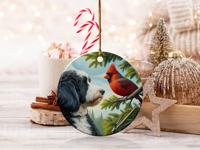 Cardinal and Bernedoodle Dog Ceramic Ornament, Oil Paint Style Design, Cardinal Lovers Gift, Mothers Day, Bird Lovers, Custom Crafted Design