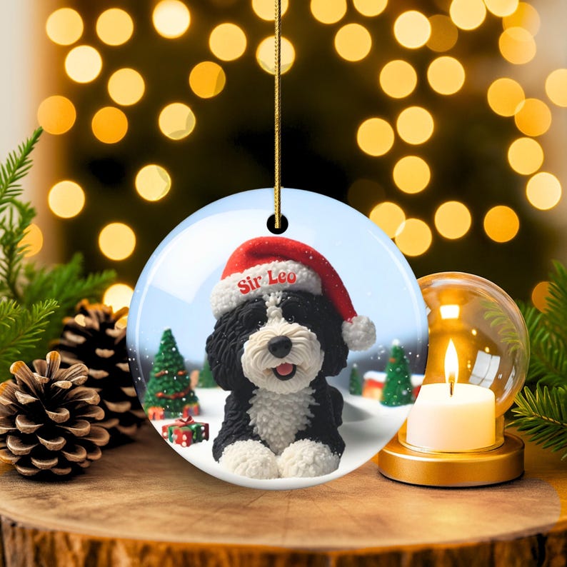 Bernedoodle Ornament, Personalized Ceramic Keepsake | Double Sided Sublimation | Custom Holiday Dog Name Decor image 1