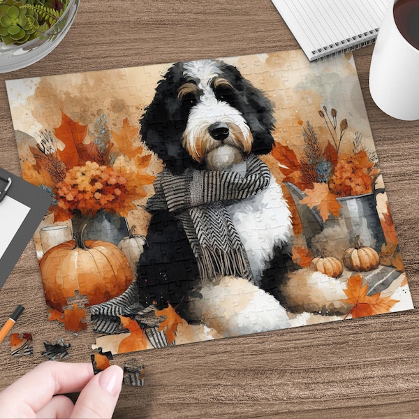 Cute Bernedoodle Fall Autumn 252 Piece Jigsaw Puzzle Fun Pet Lover Gift Decorative Puzzle for Kids and Adults Great for Relaxation