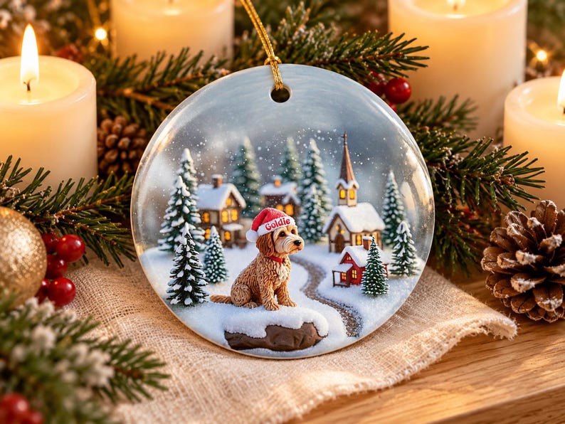 May include: A round ceramic Christmas ornament featuring a golden-brown dog wearing a red Santa hat with the name Goldie printed on it. The scene depicts a snowy village with pine trees, small houses, and a church, all under a light snowfall.