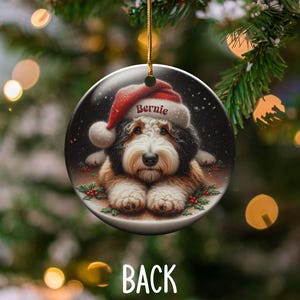 Dog Ornament Santa, Ceramic Bernedoodle Keepsake | Glossy Sublimation - 3 Inch Festive Pet Decoration | Gold String Hanger image 4