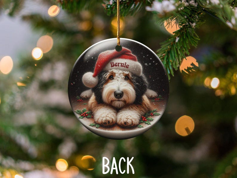 Dog Ornament Santa, Ceramic Bernedoodle Keepsake | Glossy Sublimation - 3 Inch Festive Pet Decoration | Gold String Hanger image 4