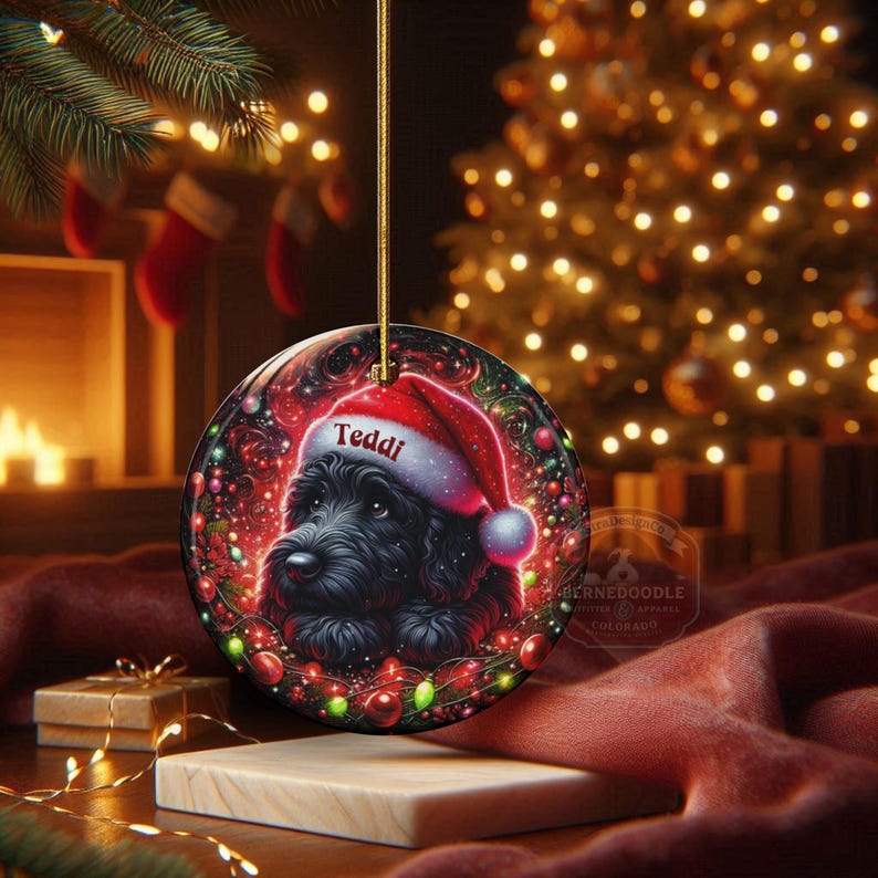 May include: A round Christmas ornament featuring a black dog wearing a Santa hat with the name "Teddi". The ornament has a red and green festive design with a gold string for hanging. The background includes a Christmas tree and a fireplace.