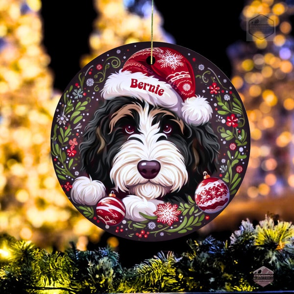 Bernedoodle Ornament Custom Holiday Keepsake, Personalized Dog Portrait (Festive Decor, Ceramic Sublimation)