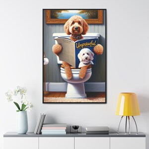 bathroom wall art,dog bathroom art,dog on toilet,doodle,doodle art,doodle on toilet,funny bathroom art,funny dog portrait,goldendoodle,goldendoodle art,goldendoodle gifts,pet illustration,wall art
