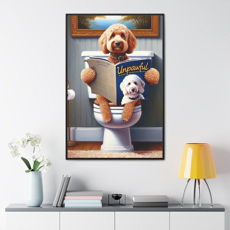 bathroom wall art,dog bathroom art,dog on toilet,doodle,doodle art,doodle on toilet,funny bathroom art,funny dog portrait,goldendoodle,goldendoodle art,goldendoodle gifts,pet illustration,wall art