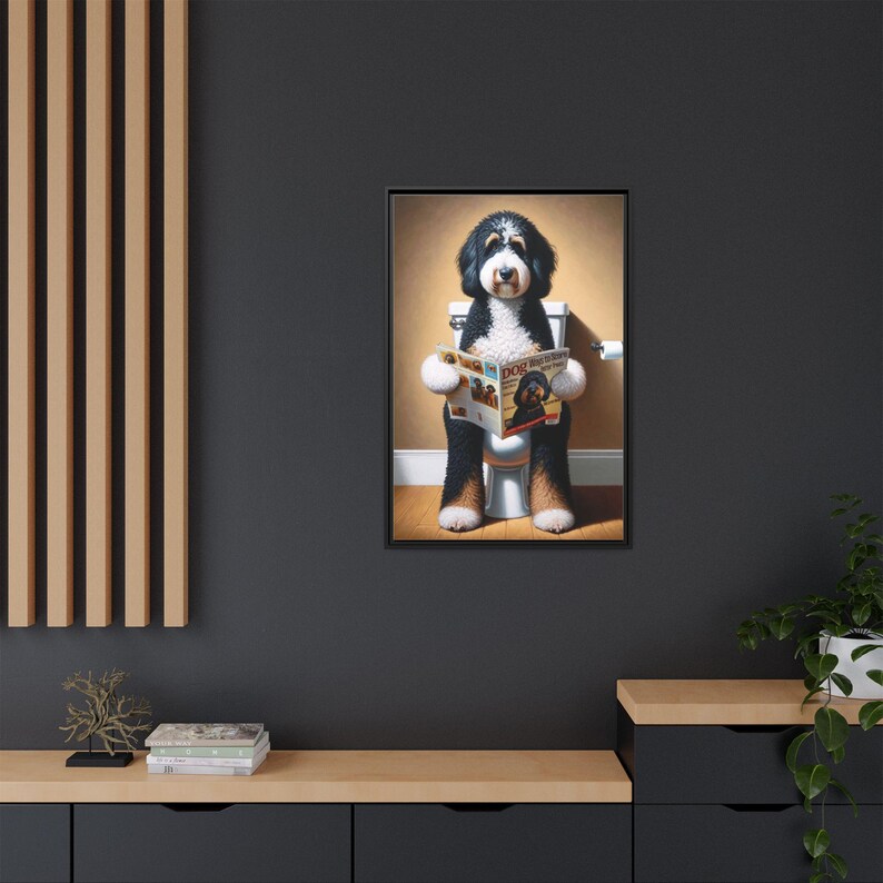 Framed Bernedoodle Toilet Portrait - Dog Reading Magazine, Bathroom Wall Art image 9