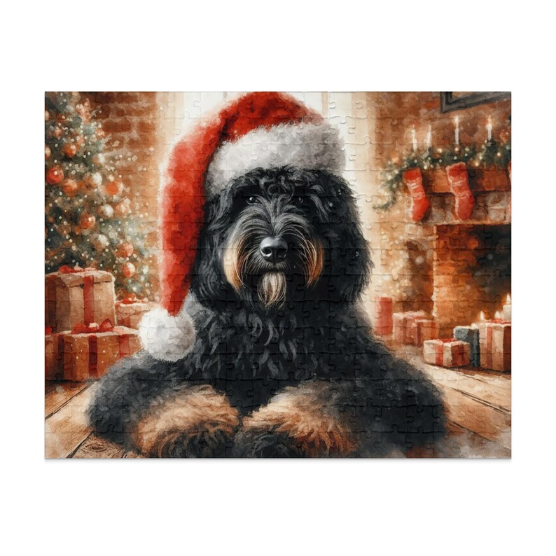 Black Bernedoodle or Goldendoodle Dog Puzzle, Festive Dog With Santa Hat, Holiday Jigsaw Puzzle, Cute Christmas Gifts, Cozy Fireplace Scene image 3